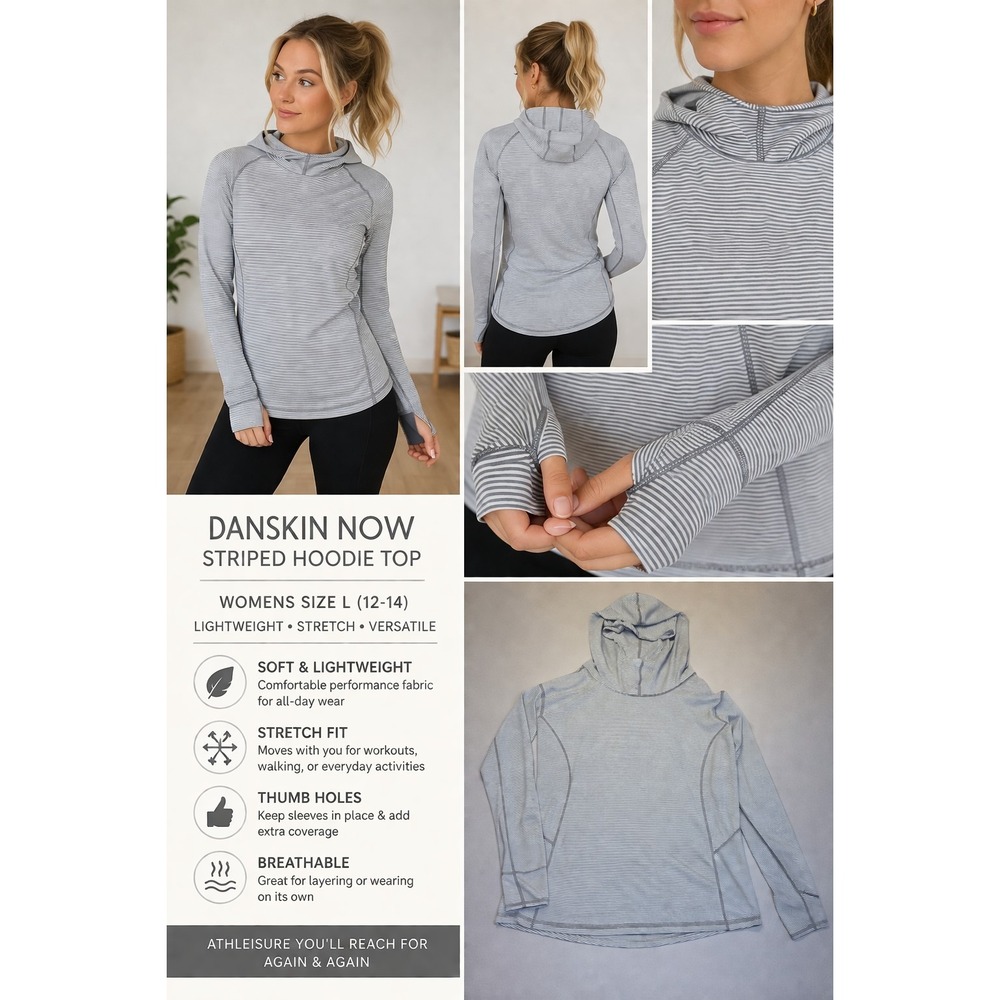 Danskin Now Striped Hoodie Top Womens L Gray White Thumb Holes Athleisure Pullov
